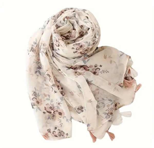 Maryam's Essential Flower Printed Polyester Tassels Hijab