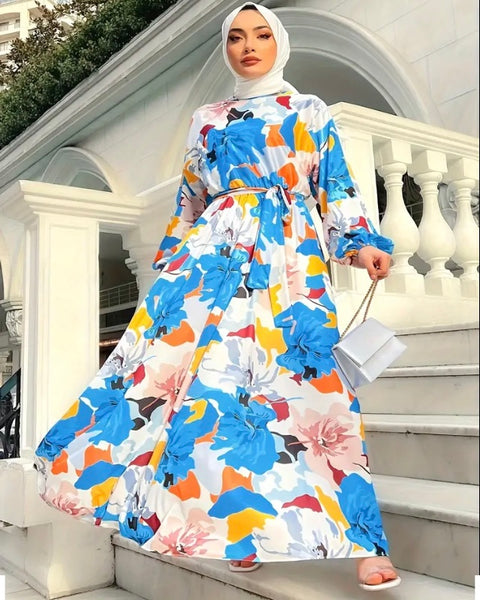 Maryam’s Essential Vintage Floral Print Crew Neck Lantern Sleeves Maxi Dress