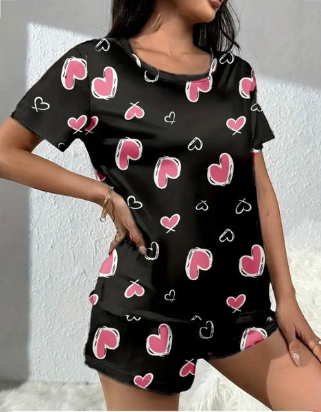 Maryam’s Essential Heart Print Round Neck Top and Short Sleepwear Set