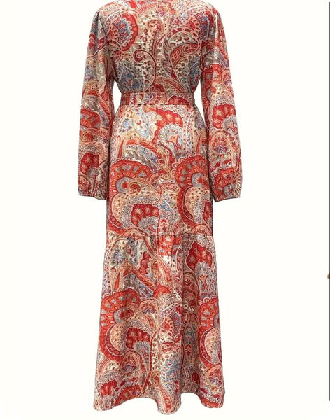 Maryam’s Essential Vintage Paisley Print Crew Neck Long Sleeves Ruffle Hem Dress