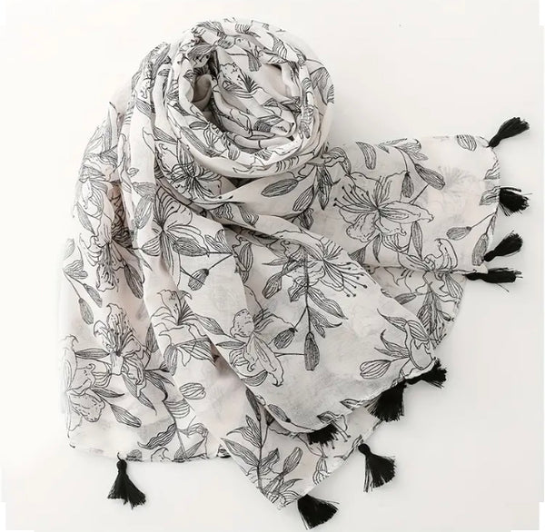 Maryam's Essential Plant Printed Cotton Viscose Tassels Hijab