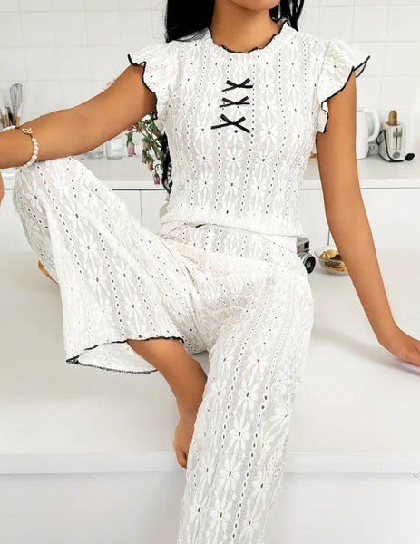 Maryam’s Essential Luxury Eyelet Embroidery Ruffle Sleeve Round Neck Bow Pattern Sleepwear Set