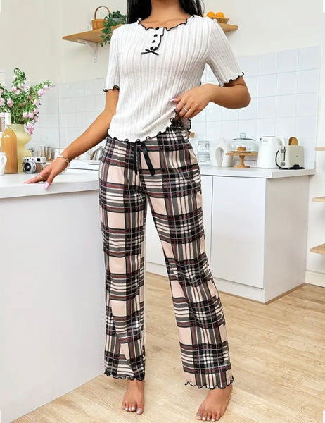 Maryam’s Essential Plaid & Checked Ribbed Round Neck Short Sleeves Top Elastic Trouser Sleepwear Set