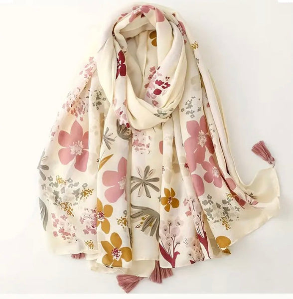 Maryam's Essential Flower Printed Cotton Viscose Tassels Hijab