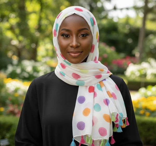 Maryam's Essential Dotted Print Cotton Polyester Tassels Hijab