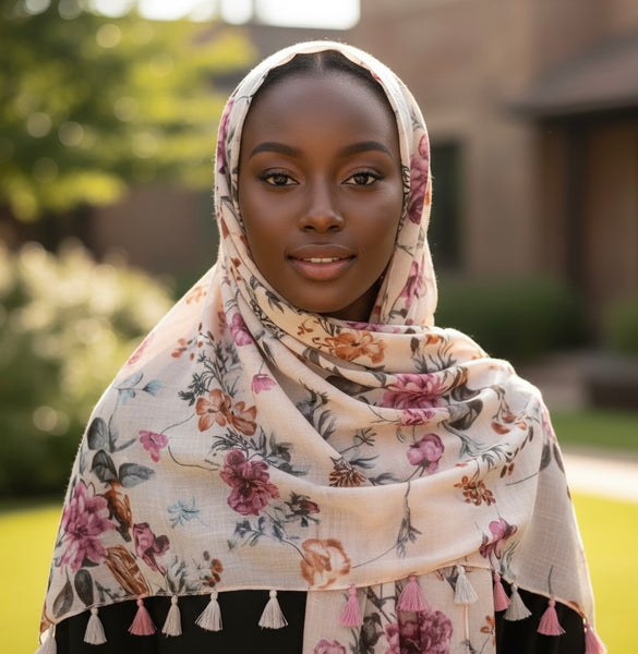 Maryam's Essential Flower Printed Cotton Polyester Tassels Hijab