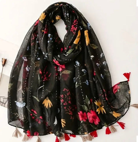 Maryam's Essential Floral Printed Cotton Tassels Hijab