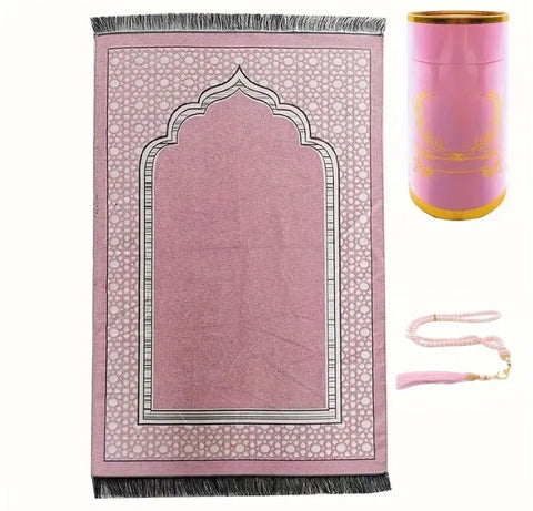 Maryam’s Essential Muslim Prayer Mat & Prayer Beads Cylindrical Gift Set