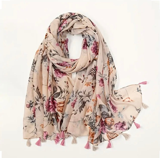 Maryam's Essential Flower Printed Polyester Tassels Hijab