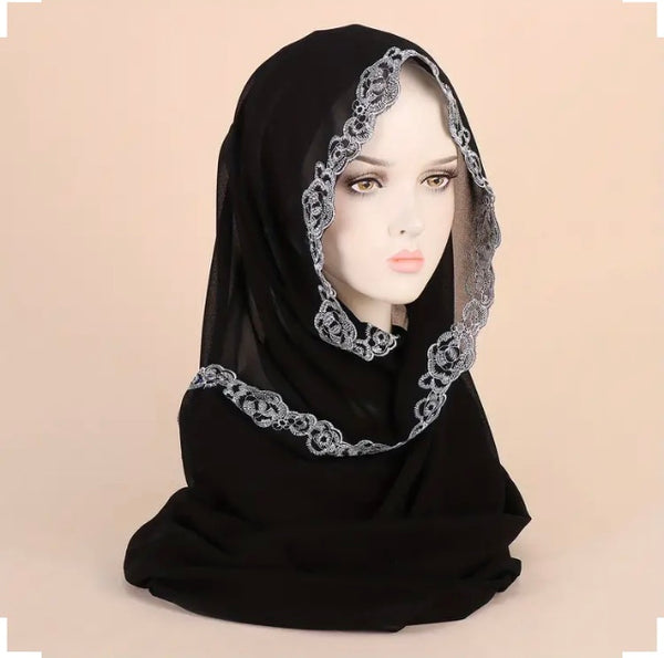 Maryam’s Essential Chiffon with Flower Lace Trim Edge Head Scarves/Hijabs
