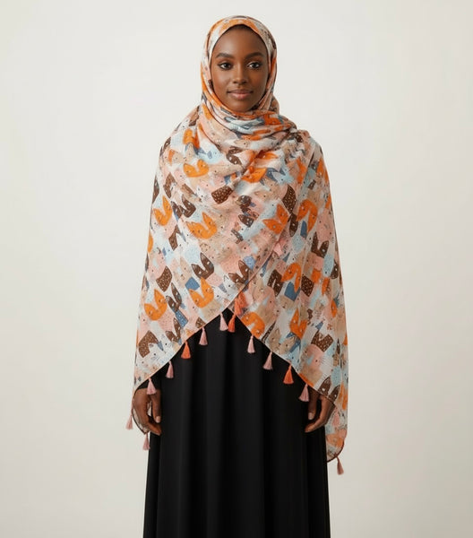 Maryam's Essential Cute Cat Print Cotton Viscose Tassels Hijab