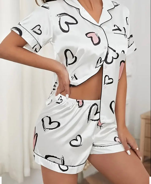 Maryam’s Essential Casual Heart Print Satin Short Sleeve Collar Top & Elastic Short Lounge Set