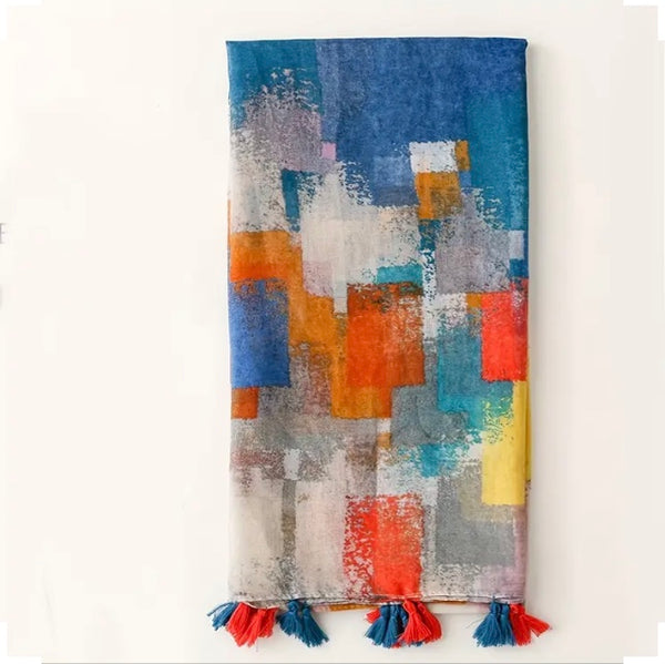 Maryam's Essential Colour Patch Printed Cotton Viscose Tassels Hijab