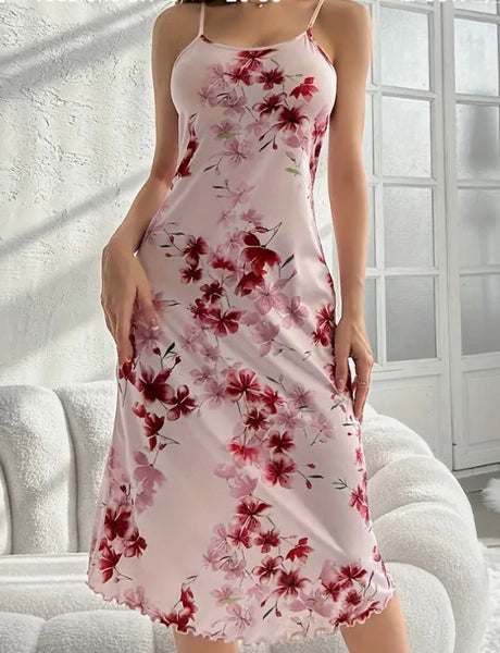 Maryam’s Essential Floral Print Lettuce Trim Round Neck Knee Length Slip Nightdress