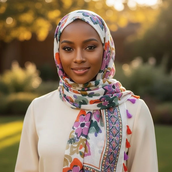 Maryam's Essential Flower Printed Cotton Viscose Tassels Hijab