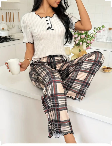 Maryam’s Essential Plaid & Checked Ribbed Round Neck Short Sleeves Top Elastic Trouser Sleepwear Set