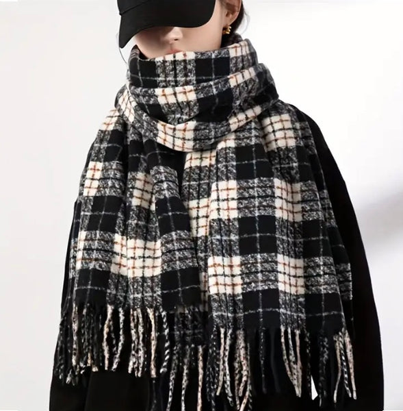 Maryam’s Essential Gingham Print Plaid Trim Tassel Scarf