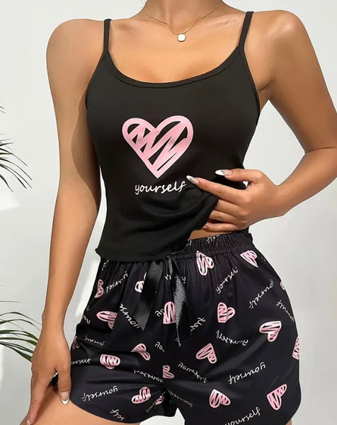 Maryam’s Essential Heart Yourself Print Lettuce Trim Round Neck Cami Top and Short Sleepwear Set