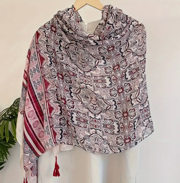 Maryam's Essential Printed Cotton Viscose Tassels Shawl