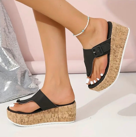 Maryam’s Essential Wedged Flip Flop Wood Grain Sole & Buckle Straps Shoes