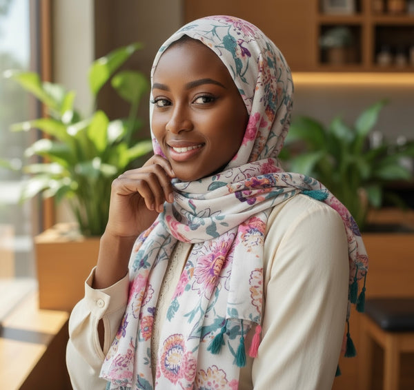 Maryam's Essential Floral Printed Cotton Viscose Tassels Hijab