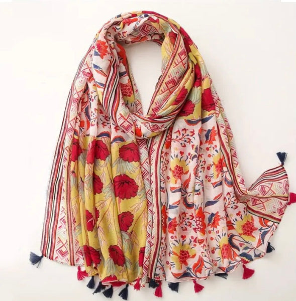Maryam's Essential Flower Printed Cotton Viscose Tassels Hijab