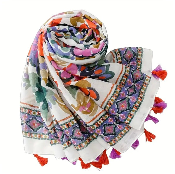 Maryam's Essential Flower Printed Cotton Viscose Tassels Hijab