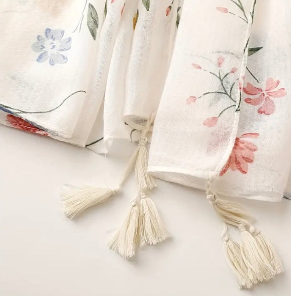 Maryam's Essential Flower Printed Polyester Tassels Hijab