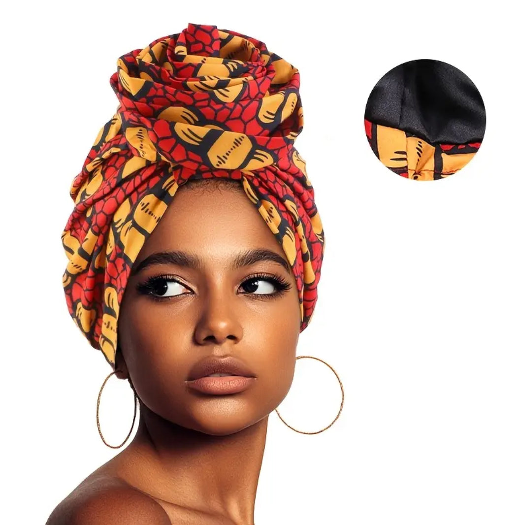 Maryam’s Essential African Print Ankara Silk Satin Linen Wrap Up Cap