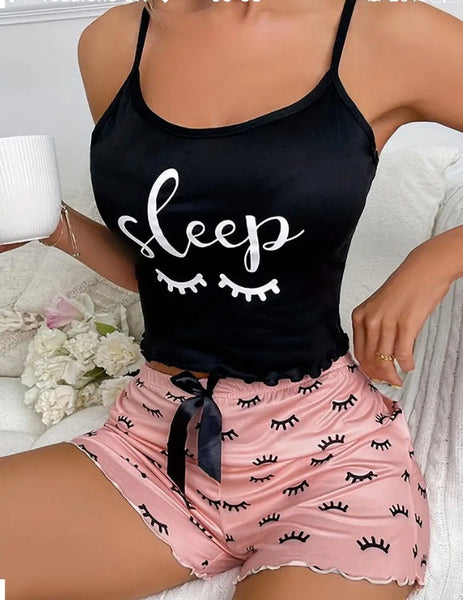 Maryam’s Essential Eyelash and Letter Print Lettuce Trim Round Neck Cami Top and Short Sleepwear Set