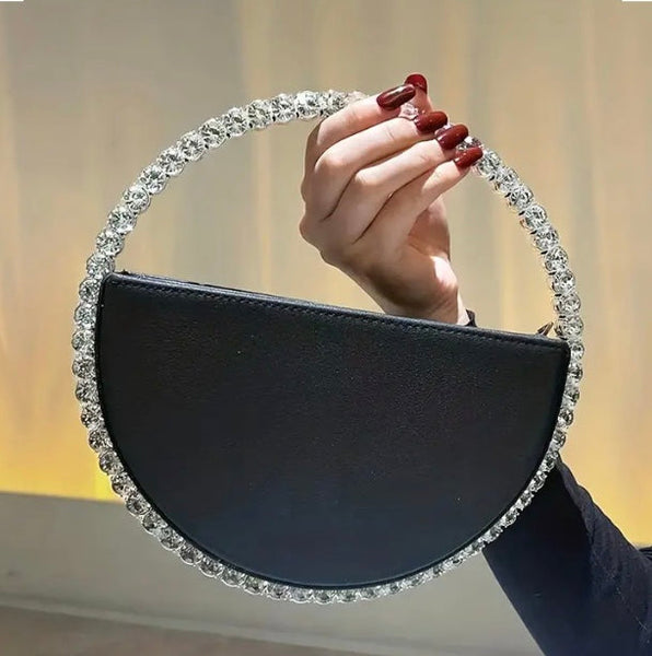 Maryam’s Essential Luxury Round Diamantés Faux Leather Clutch Purse