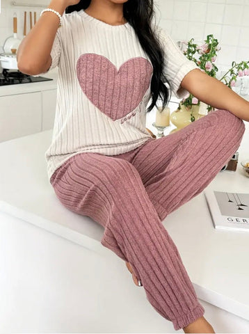 Maryam’s Essential Heart & Letter Ribbed Round Neck Short Sleeves Top Elastic Trouser Sleepwear