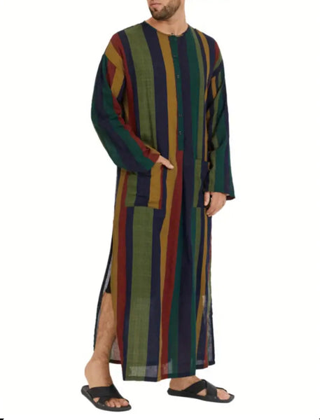 Maryam’s Essential Traditional Kaftan Long Sleeves Stripped Full Length Thobe Rayon Blend