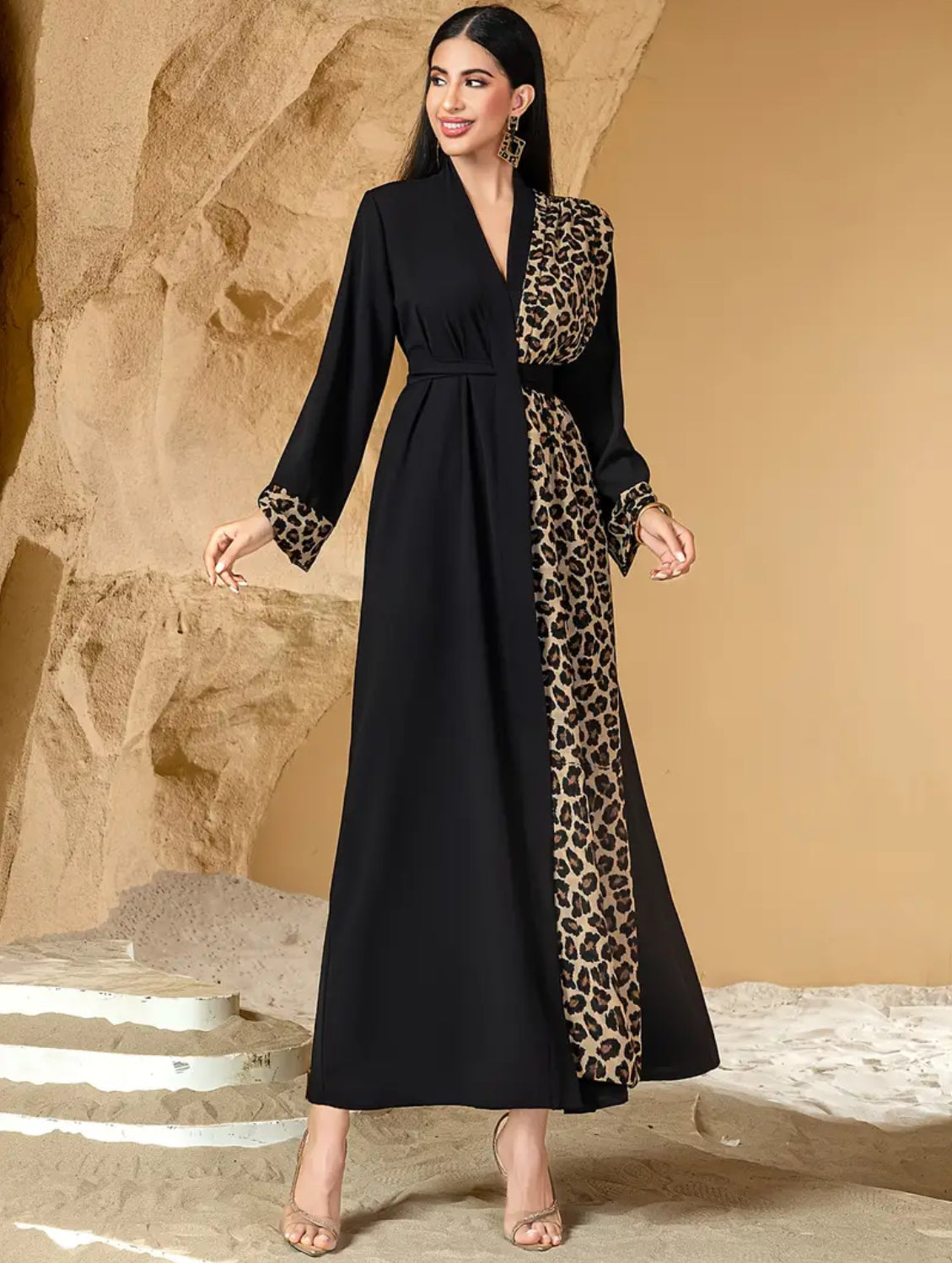 Maryam’s Essential Luxury Arab Black & Leopard Print with Pocket Abaya Dress