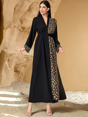 Maryam’s Essential Luxury Arab Black & Leopard Print with Pocket Abaya Dress