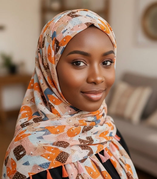 Maryam's Essential Cute Cat Print Cotton Viscose Tassels Hijab
