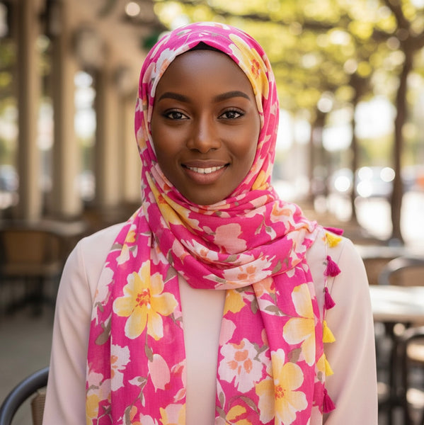 Maryam's Essential Flower Printed Cotton Polyester Tassels Hijab
