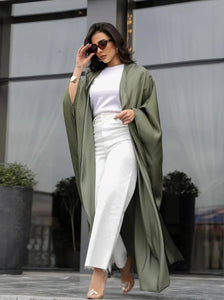 Maryam’s Essential Luxury Military Green Shiny Long Bat Sleeves Maxi Kaftan Abaya