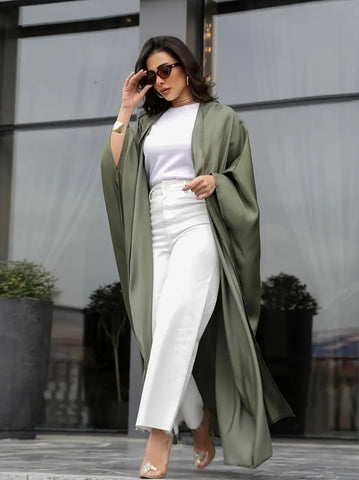 Maryam’s Essential Luxury Military Green Shiny Long Bat Sleeves Maxi Kaftan Abaya