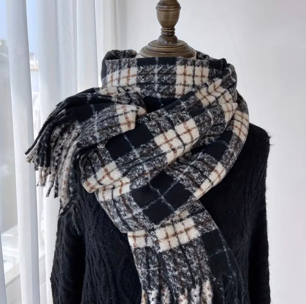 Maryam’s Essential Gingham Print Plaid Trim Tassel Scarf
