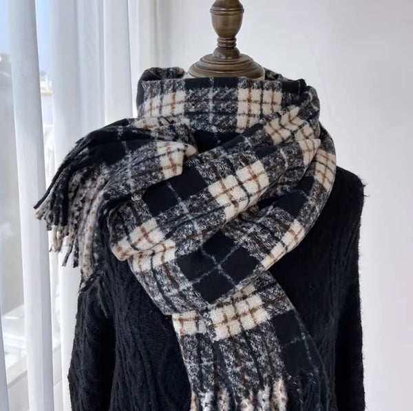 Maryam’s Essential Gingham Print Plaid Trim Tassel Scarf