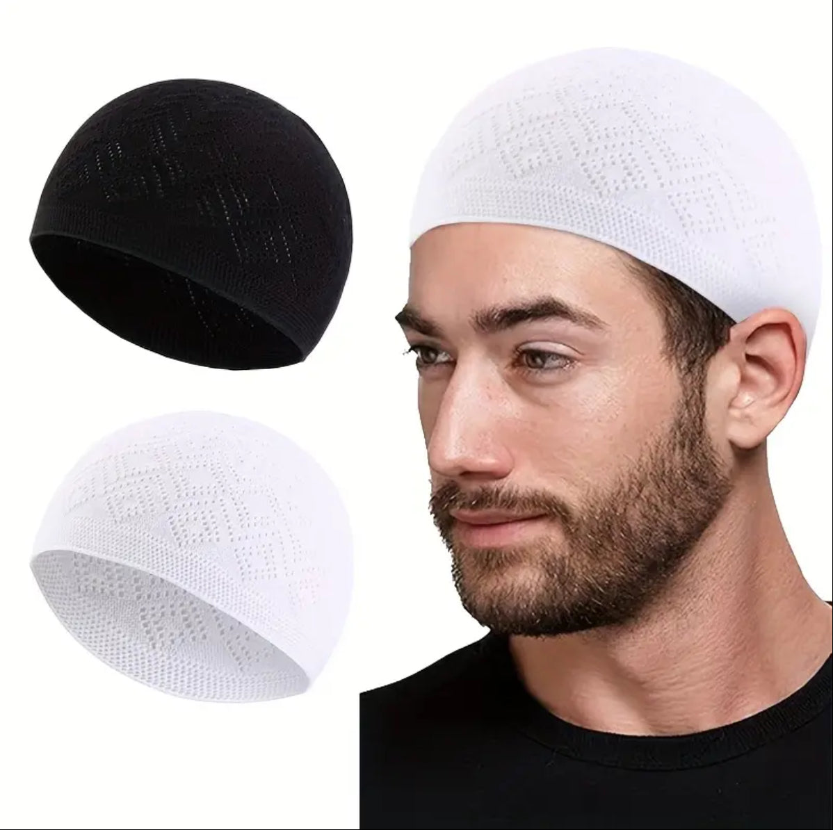 Maryam’s Essential Luxury Two Pieces Muslim Men Knitted Crochet, Breathable, Stylish Kufi Cap Set