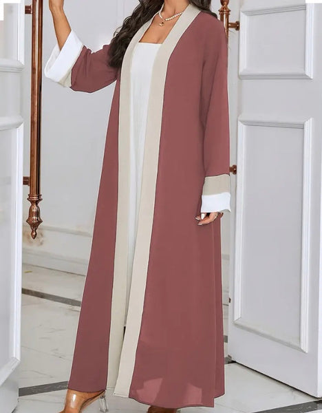 Maryam’s Essential Luxury Elegant Contrast Trim Maxi Length, Long Sleeves Asymmetric Kaftan Abaya