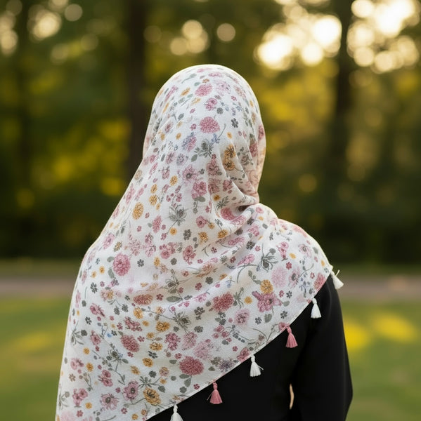 Maryam's Essential Flower Printed Cotton Polyester Tassels Hijab