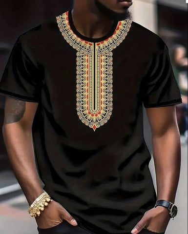 Maryam’s Essential Men’s Ethnic Style Graphic Pattern Print Crew Neck, Short Sleeve Top Tank