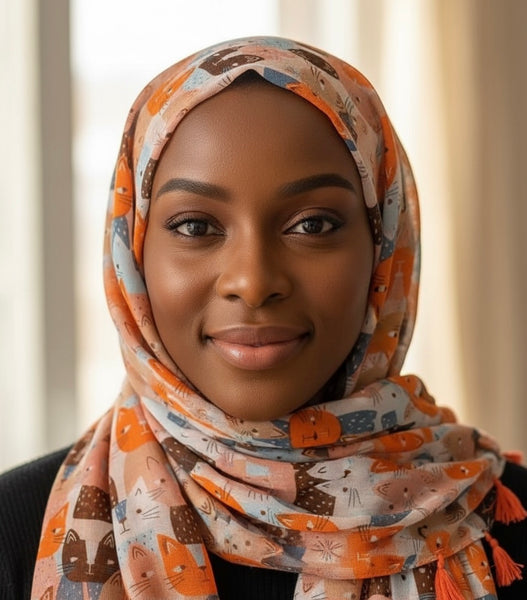 Maryam's Essential Cute Cat Print Cotton Viscose Tassels Hijab