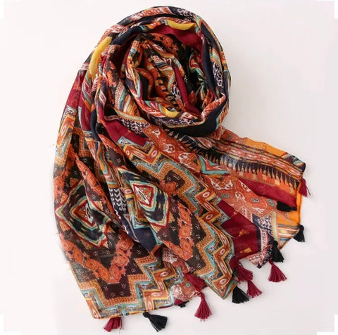 Maryam's Essential Printed Cotton Viscose Tassels Scarf/Hijab