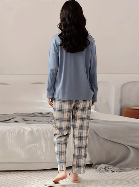 Maryam’s Essential Plaid Print Crew Neck Long Sleeve Sleepwear Set