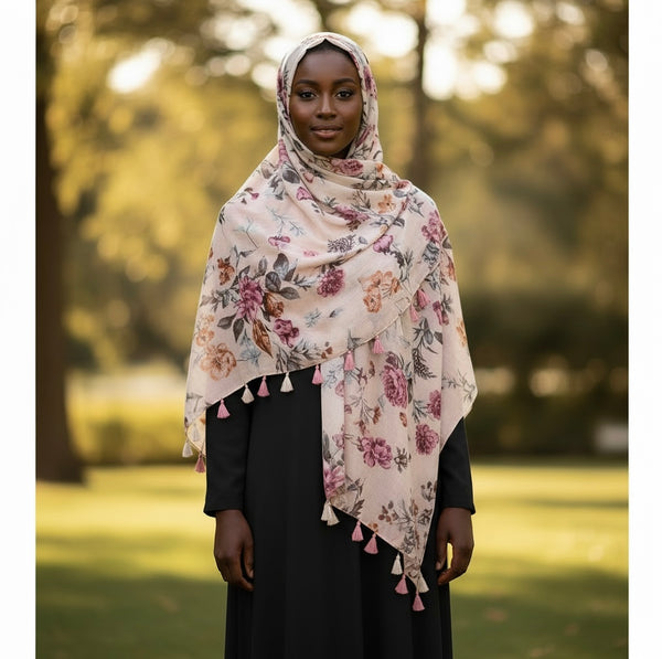 Maryam's Essential Flower Printed Cotton Polyester Tassels Hijab