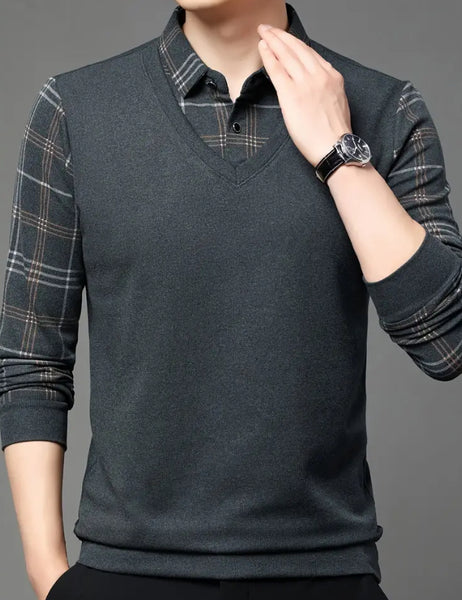 Maryam’s Essential Men V-Neck Button Long Sleeves Casual Regular Fit Striped Plaid Knitted Cotton Shirt
